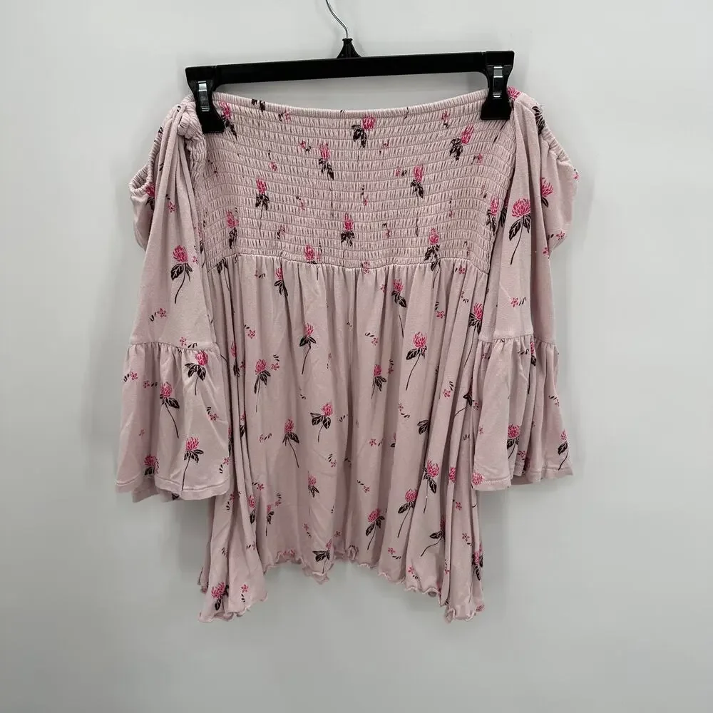 FREE PEOPLE Lana Pale Pink Blush Off the Shoulder Floral Print Tunic // S